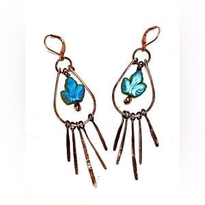 HAND CRAFTED Vintage Bead Wire Wrapped Copper Dangle Earrings, Handmade Jewelry